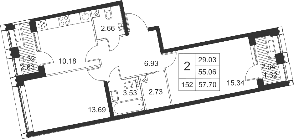 2-комнатная, 58 м² — ЖК ЖК Golden City (Голден сити)