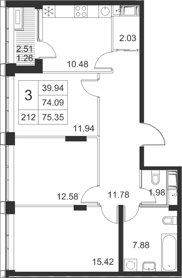 3-комнатная, 75 м² — ЖК ЖК Golden City (Голден сити)