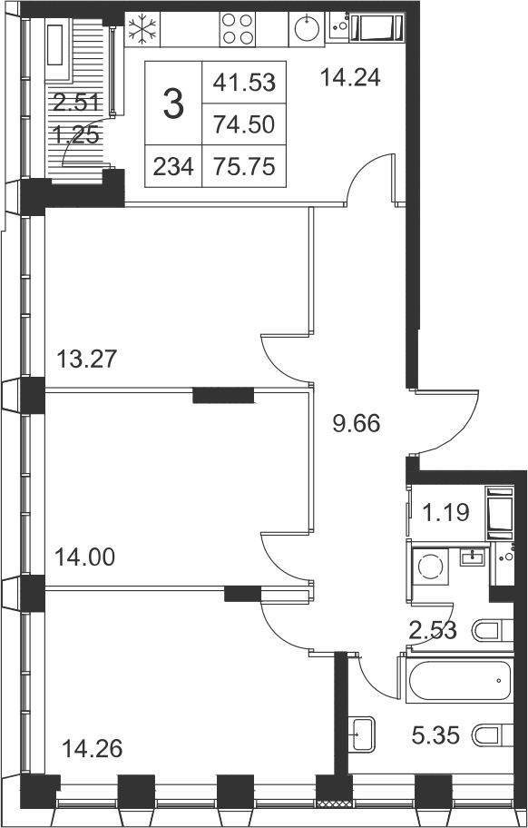 3-комнатная, 76 м² — ЖК ЖК Golden City (Голден сити)