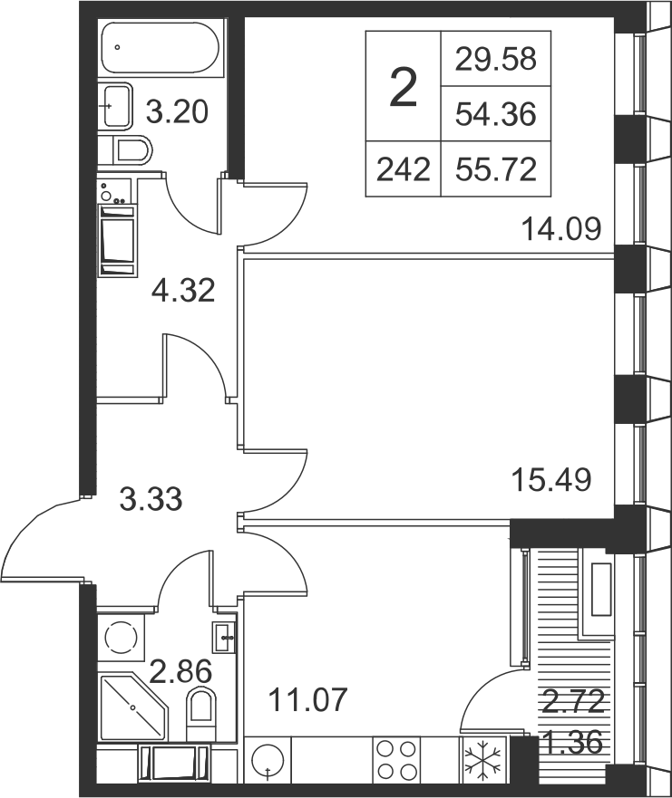 2-комнатная, 56 м² — ЖК ЖК Golden City (Голден сити)