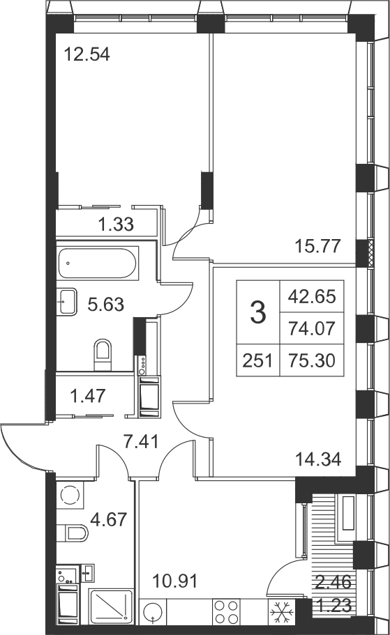 3-комнатная, 75 м² — ЖК ЖК Golden City (Голден сити)