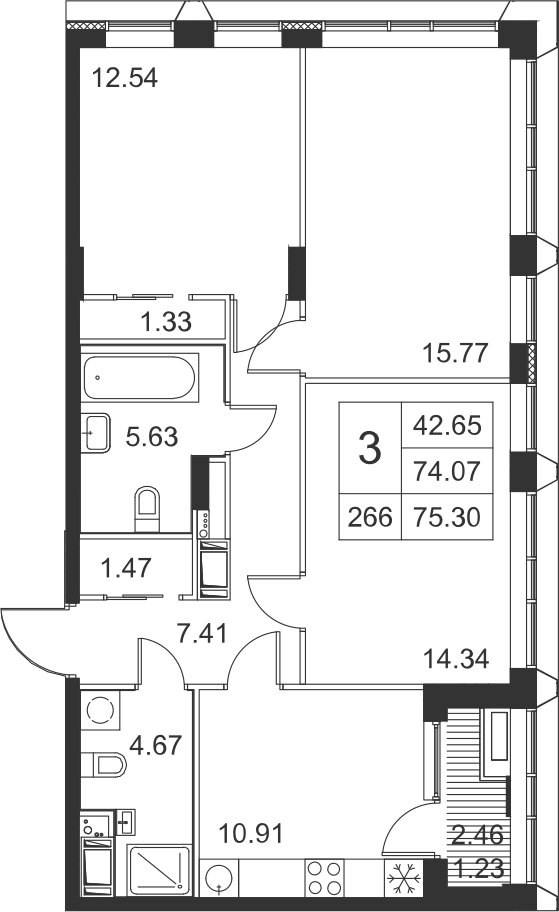 3-комнатная, 75 м² — ЖК ЖК Golden City (Голден сити)