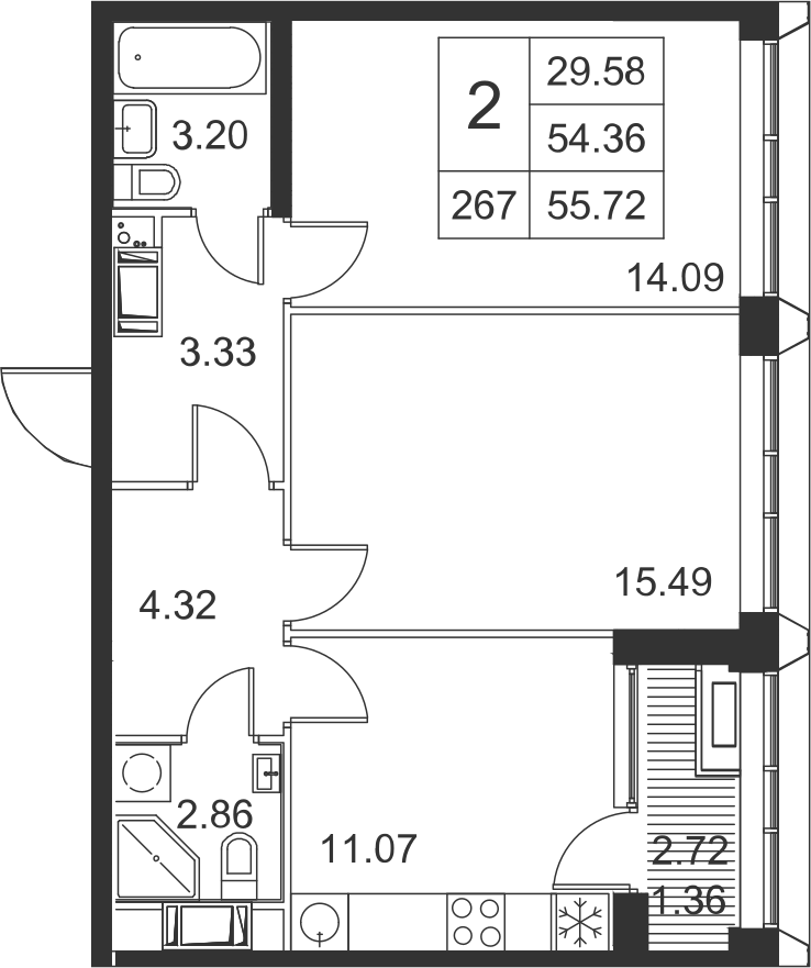 2-комнатная, 56 м² — ЖК ЖК Golden City (Голден сити)