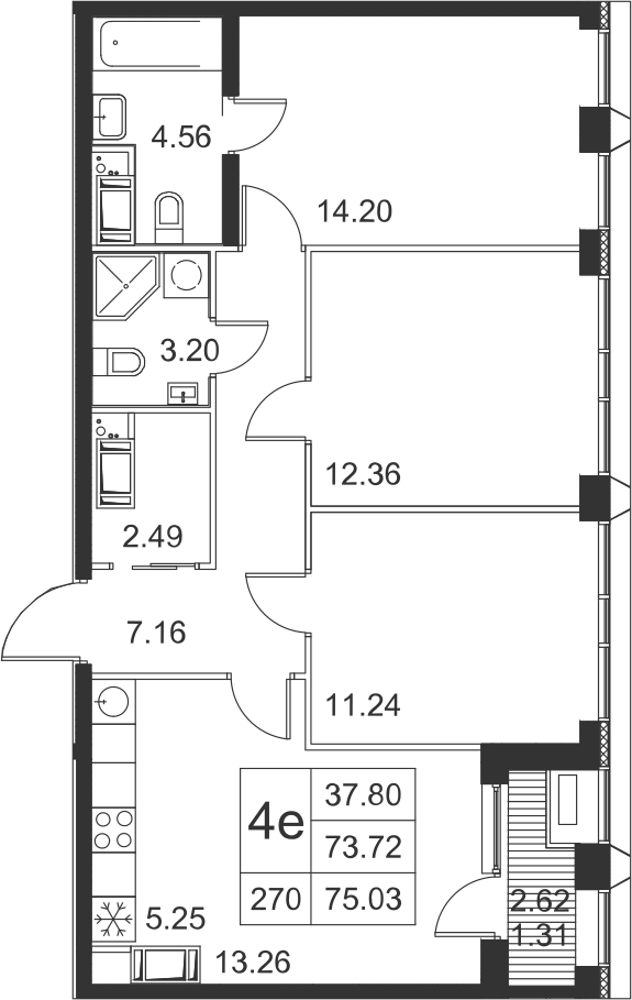3-комнатная, 75 м² — ЖК ЖК Golden City (Голден сити)