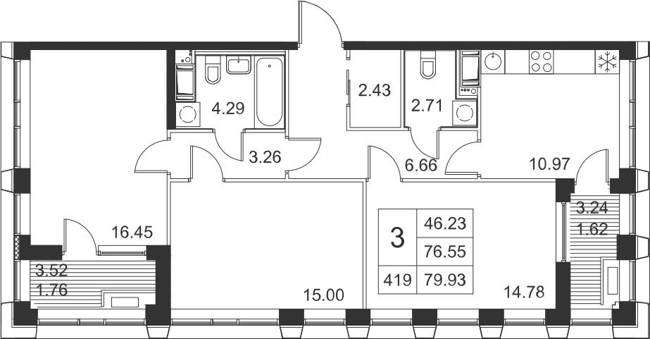 3-комнатная, 80 м² — ЖК ЖК Golden City (Голден сити)