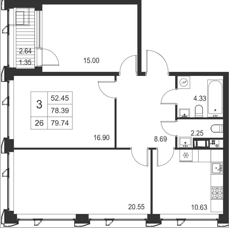 3-комнатная, 80 м² — ЖК ЖК Golden City (Голден сити)