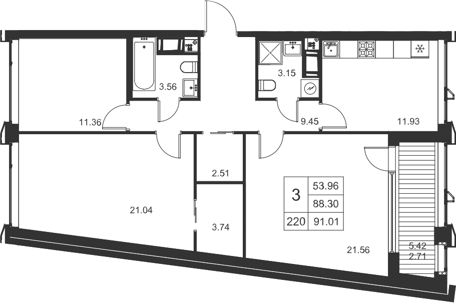 3-комнатная, 91 м² — ЖК ЖК Golden City (Голден сити)
