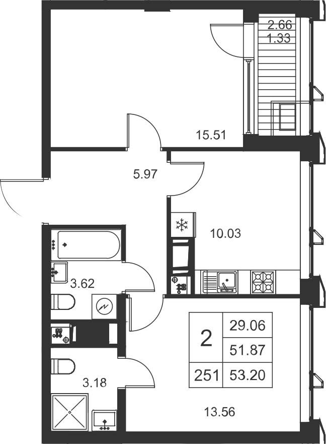 2-комнатная, 53 м² — ЖК ЖК Golden City (Голден сити)