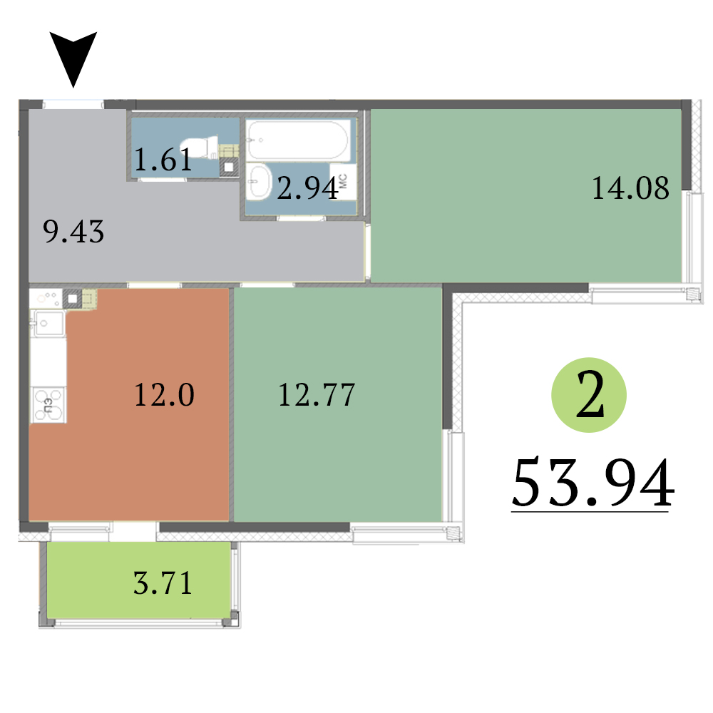 2-комнатная, 54 м² — ЖК ЖК Red Village (Рэд Вилладж)