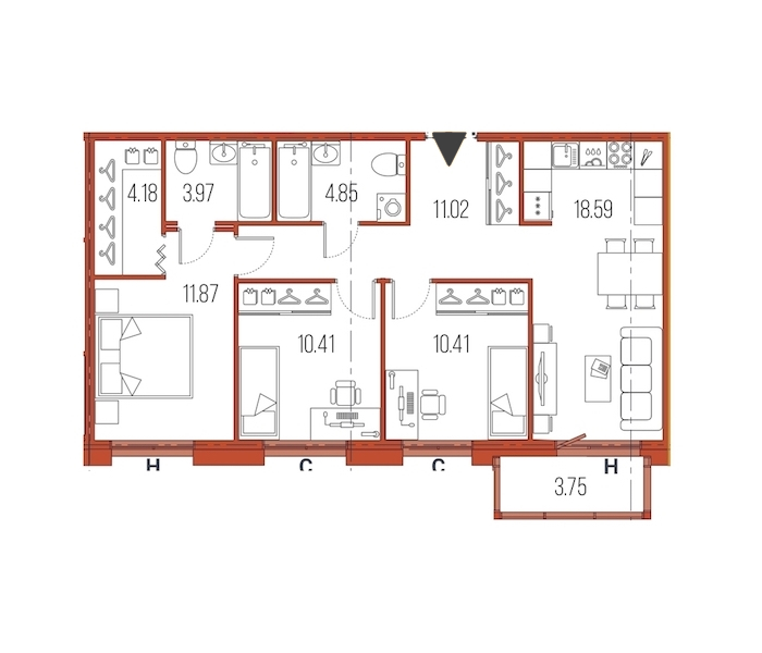 3-комнатная, 75 м² — ЖК ЖК Legenda Героев
