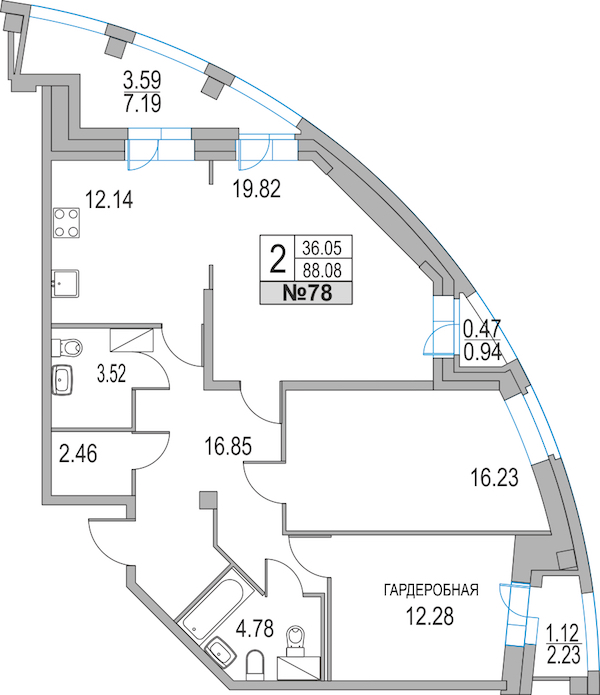2-комнатная, 88 м² — ЖК ЖК Приморский квартал