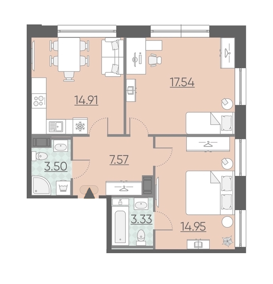 2-комнатная, 62 м² — ЖК Апарт-комплекс Neopark (Неопарк)