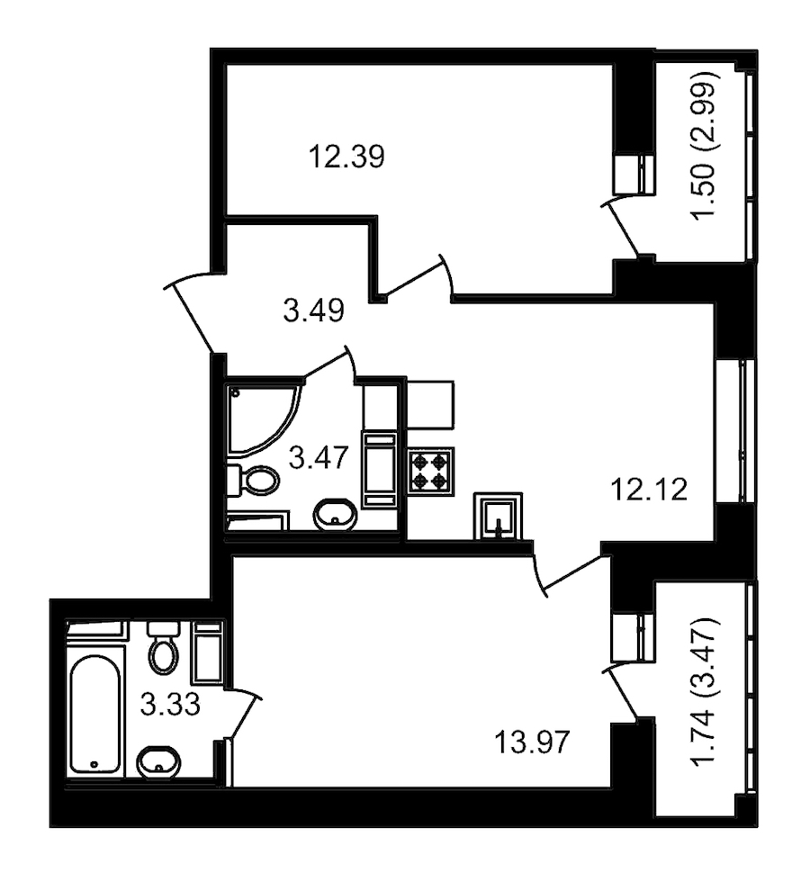 2-комнатная, 55 м² — ЖК ЖК Елизаровский
