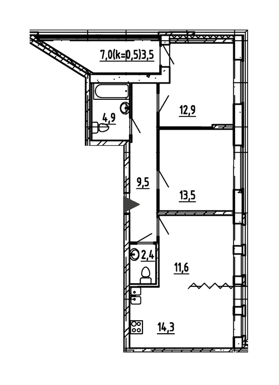 3-комнатная, 73 м² — ЖК ЖК Эталон на Неве