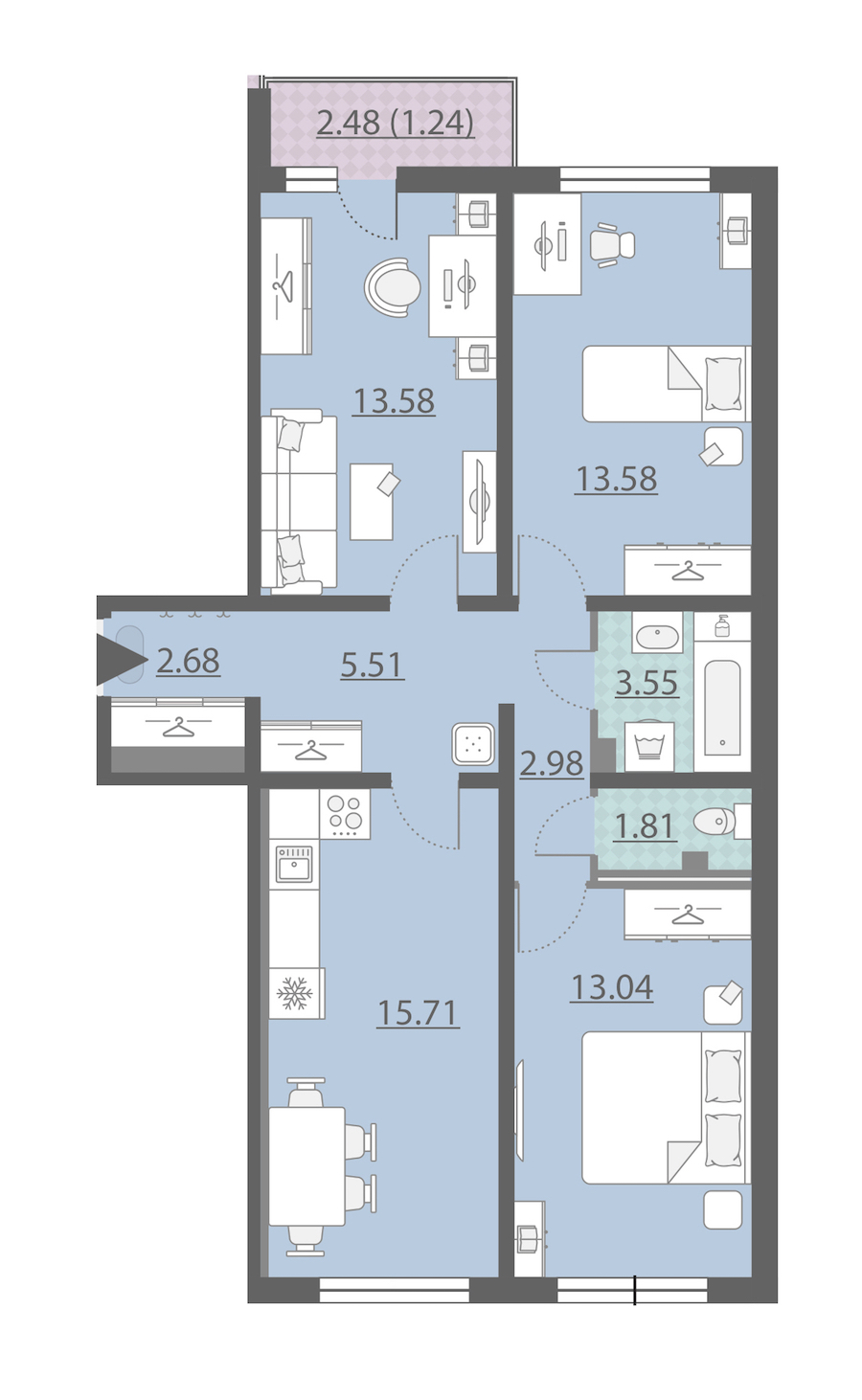 3-комнатная, 74 м² — ЖК ЖК Ручьи