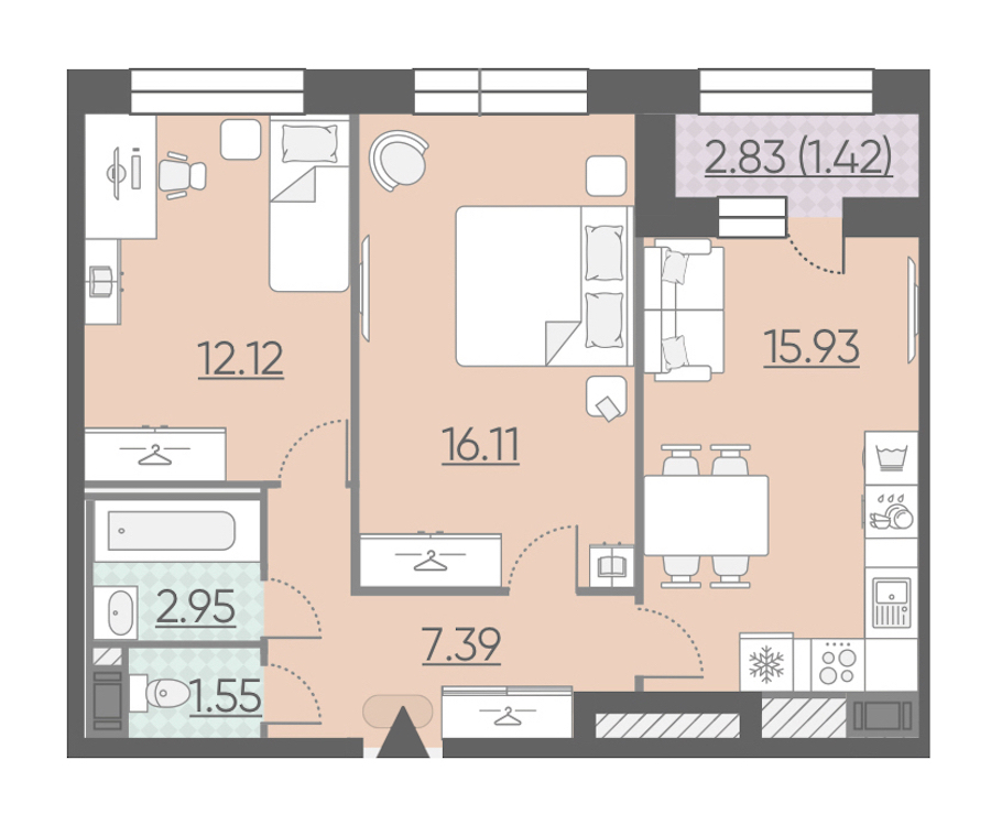 2-комнатная, 57 м² — ЖК ЖК Riviere Noire (Ривьер Нуар)