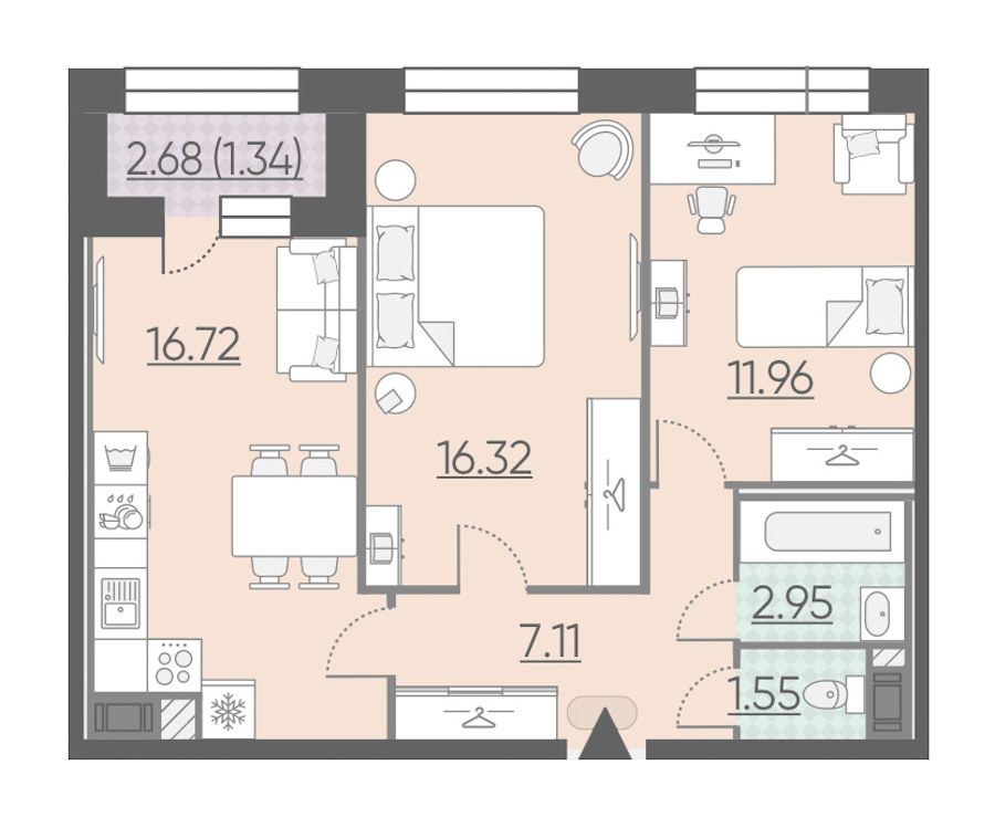 2-комнатная, 58 м² — ЖК ЖК Riviere Noire (Ривьер Нуар)