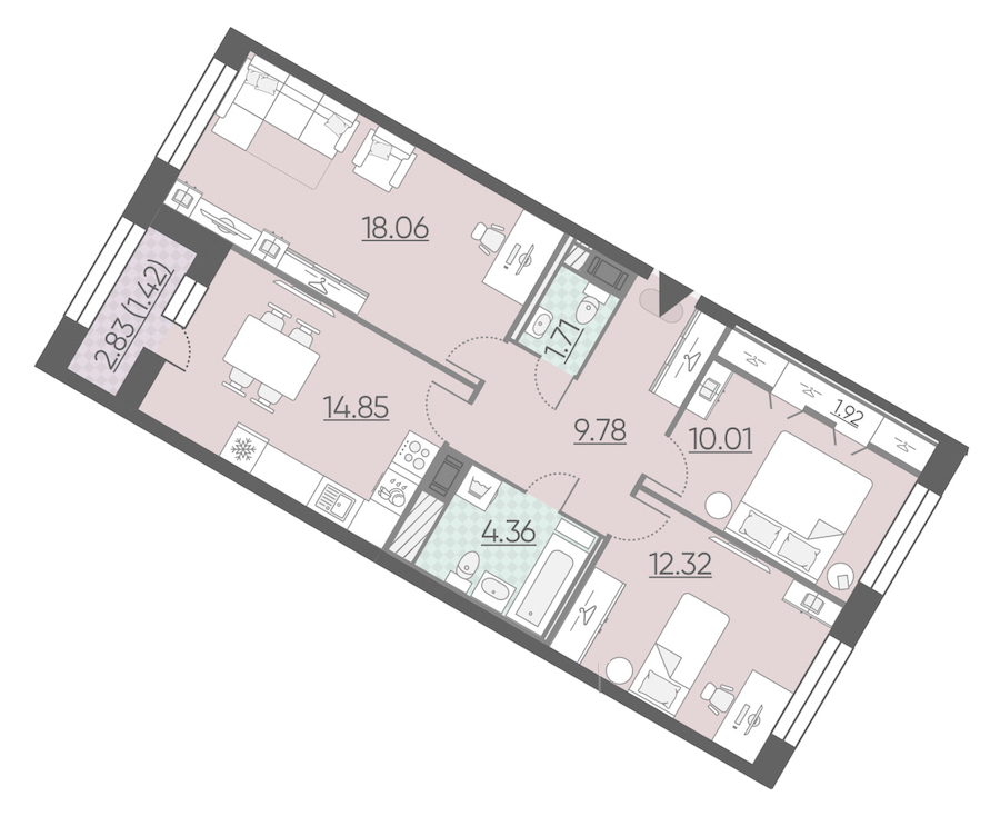 3-комнатная, 74 м² — ЖК ЖК Riviere Noire (Ривьер Нуар)
