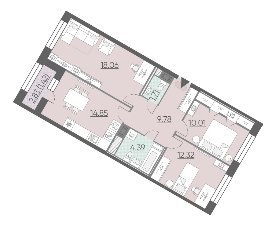 3-комнатная, 75 м² — ЖК ЖК Riviere Noire (Ривьер Нуар)