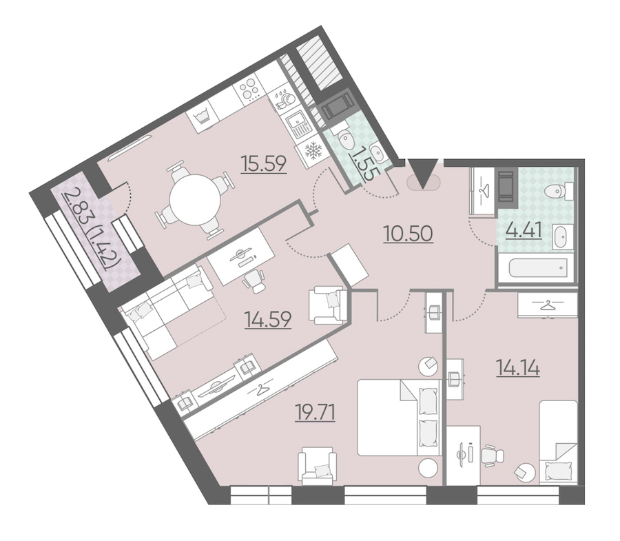3-комнатная, 82 м² — ЖК ЖК Riviere Noire (Ривьер Нуар)