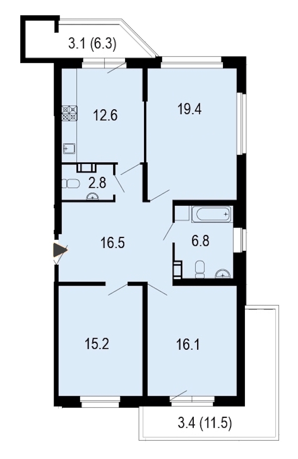 3-комнатная, 96 м² — ЖК ЖК Жемчужный берег