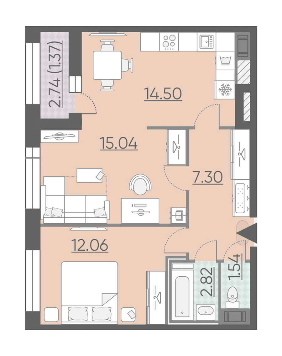 2-комнатная, 55 м² — ЖК ЖК Riviere Noire (Ривьер Нуар)