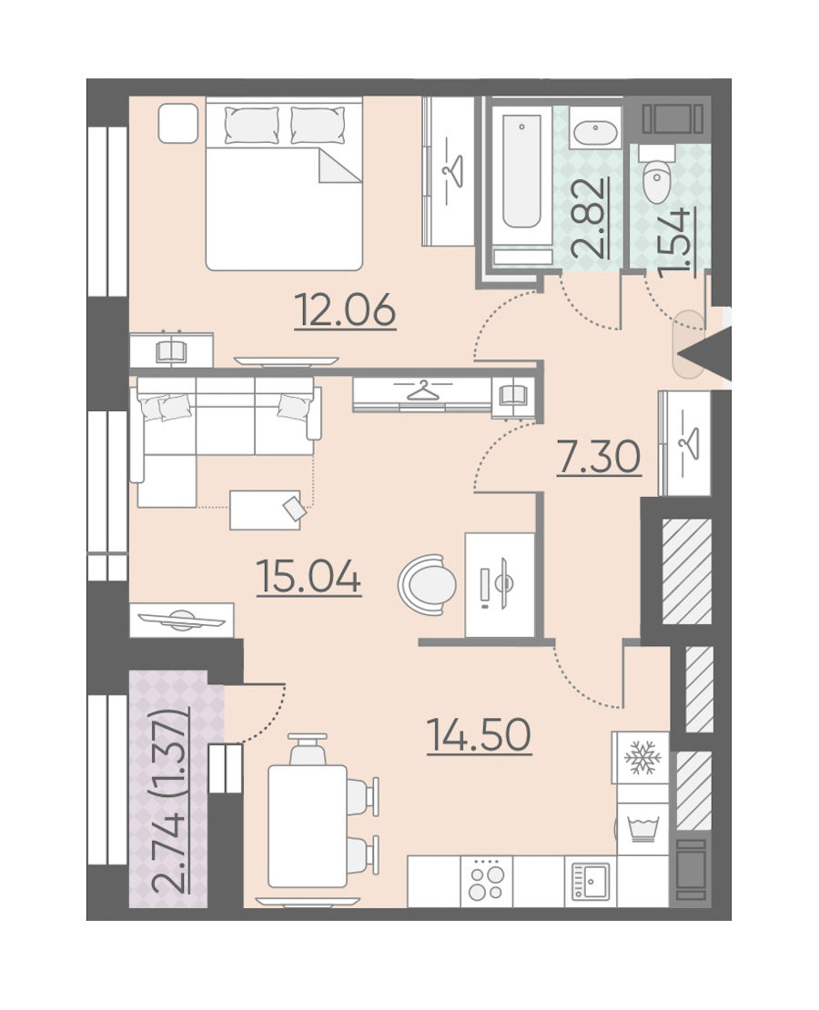 2-комнатная, 55 м² — ЖК ЖК Riviere Noire (Ривьер Нуар)