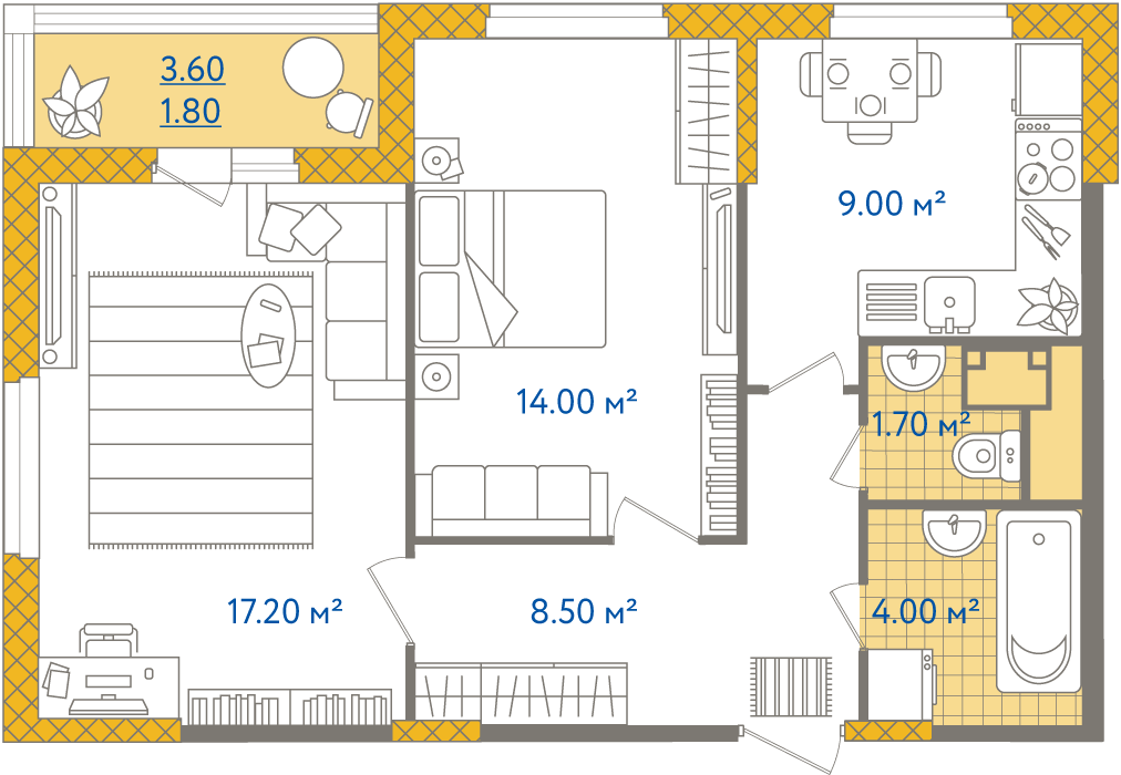 2-комнатная, 56 м² — ЖК ЖК Светлый мир жизнь