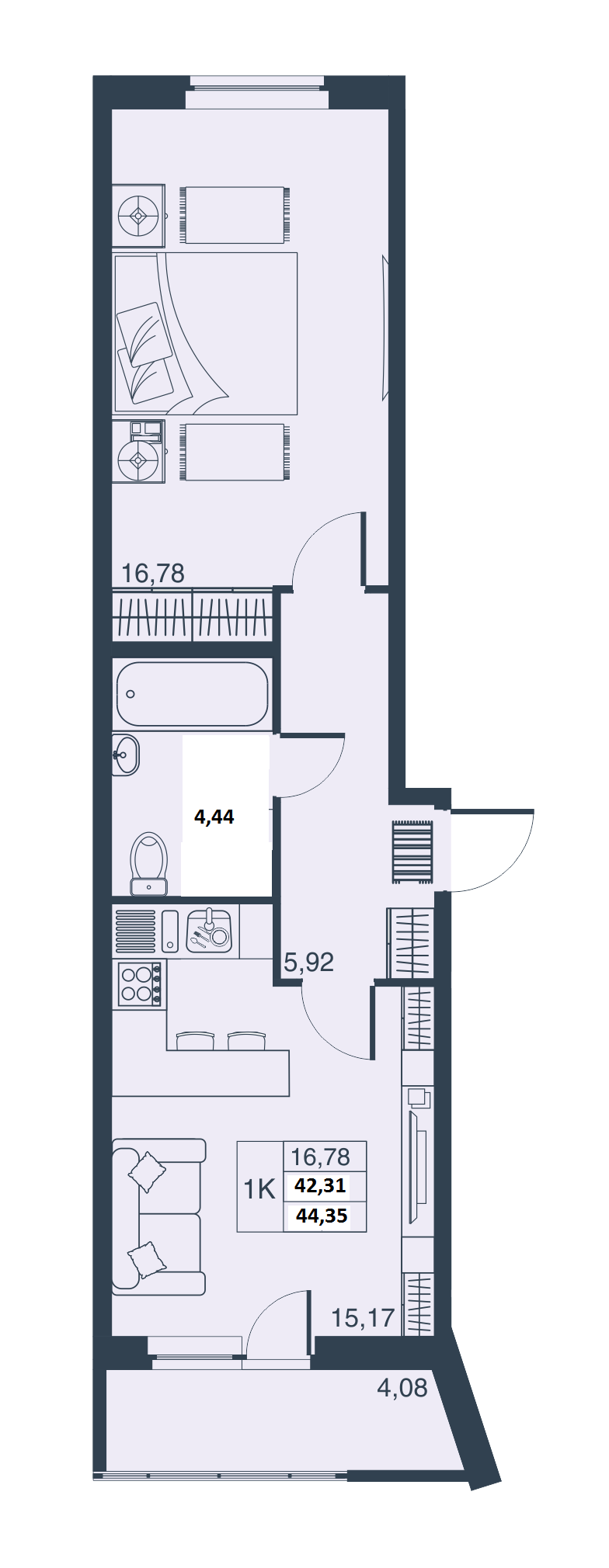 1-комнатная, 42 м² — ЖК ЖК Мурино Парк