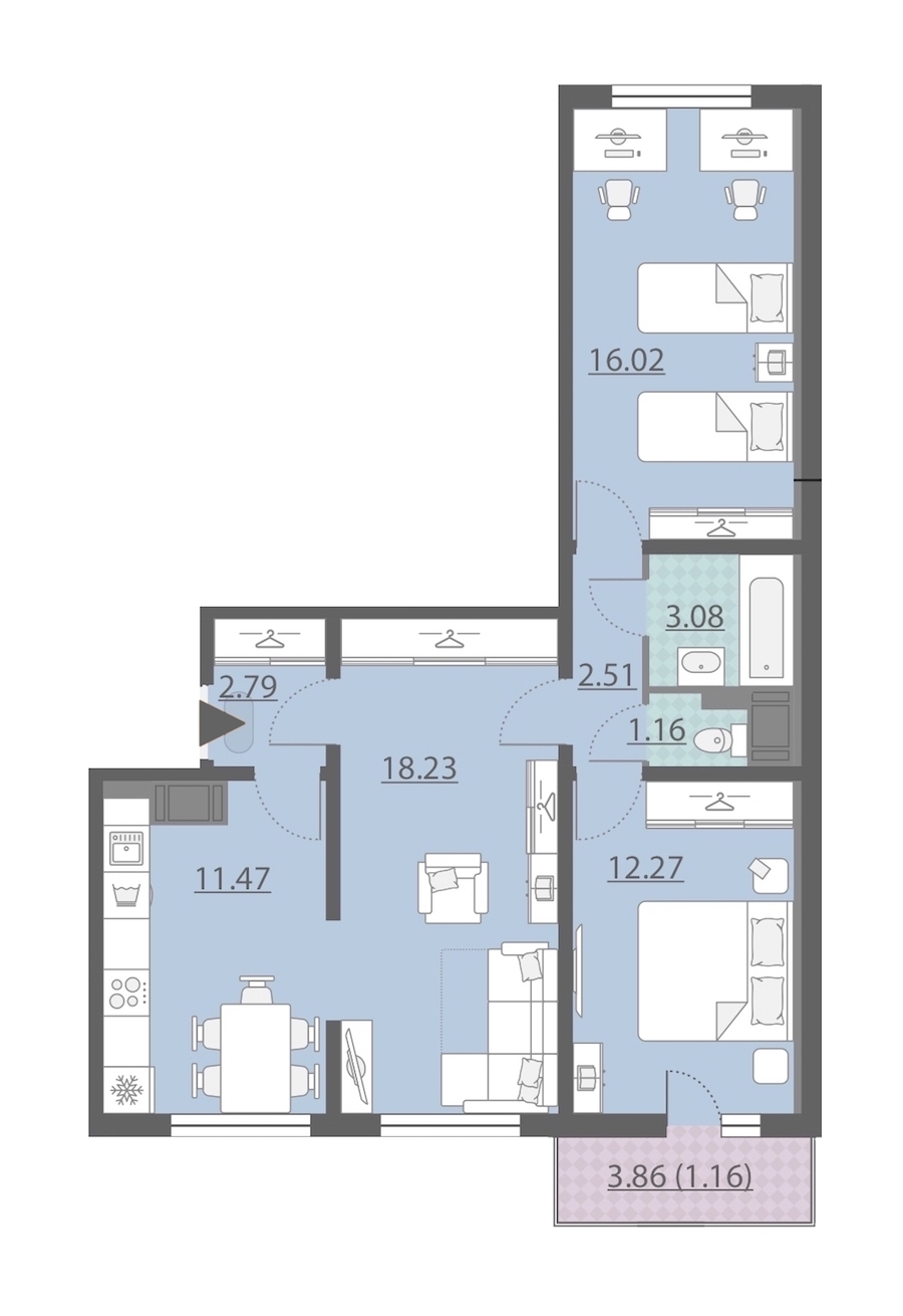 3-комнатная, 69 м² — ЖК ЖК Ручьи