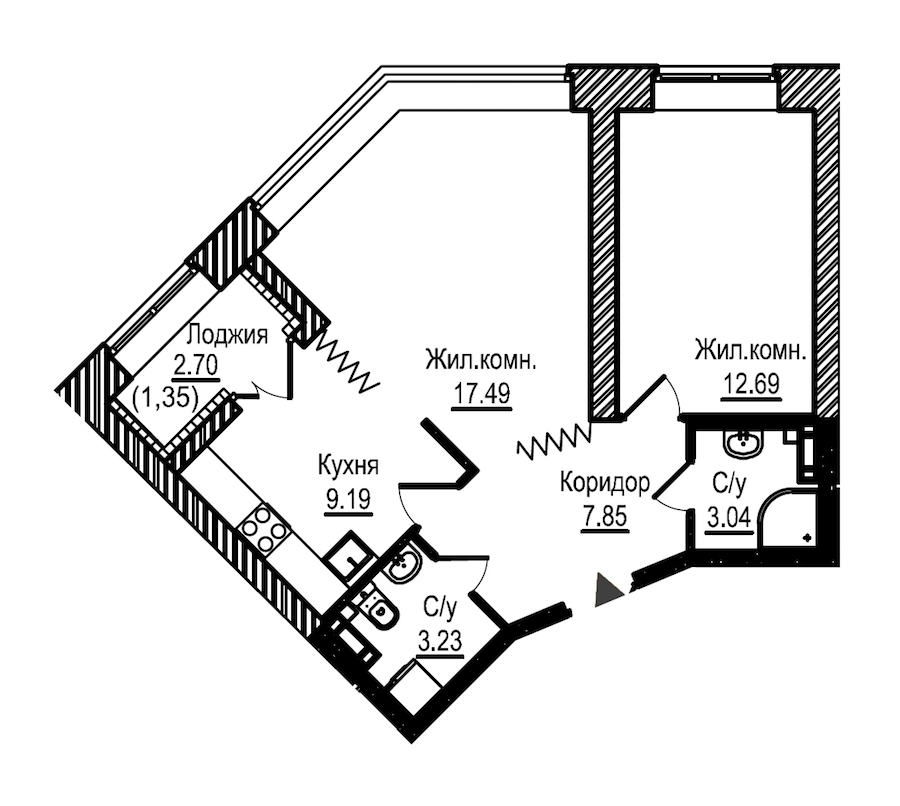 2-комнатная, 55 м² — ЖК ЖК Новое Купчино