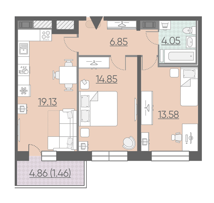 2-комнатная, 60 м² — ЖК ЖК Riviere Noire (Ривьер Нуар)