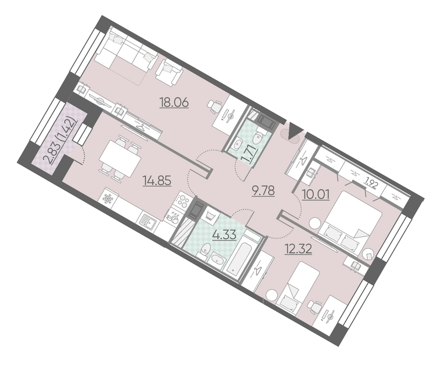3-комнатная, 74 м² — ЖК ЖК Riviere Noire (Ривьер Нуар)