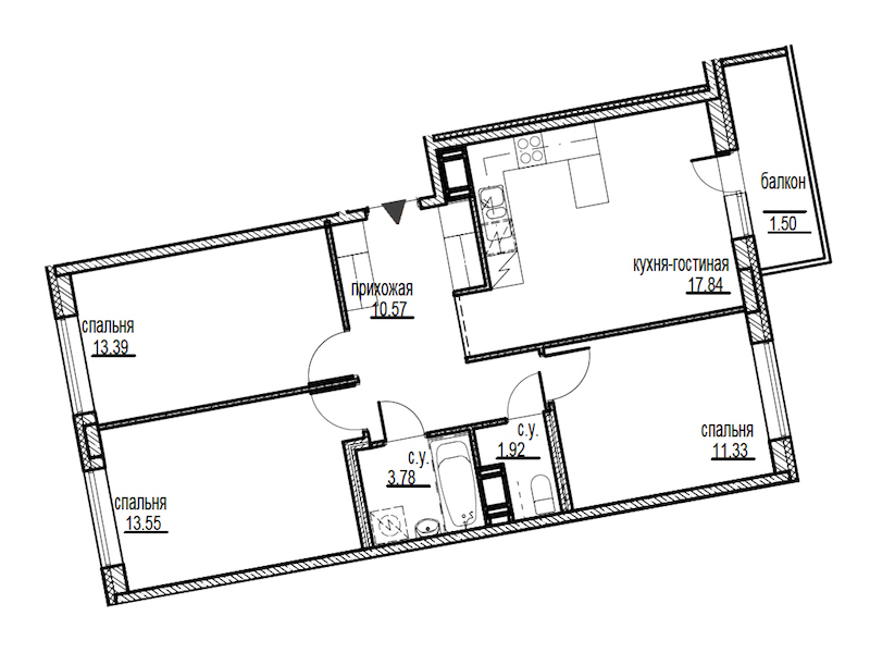 3-комнатная, 74 м² — ЖК ЖК ID Мурино (Айди Мурино)