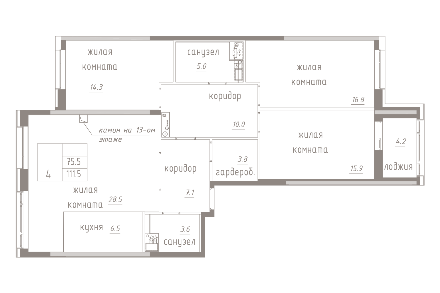4-комнатная, 114 м² — ЖК ЖК Лайф Лесная
