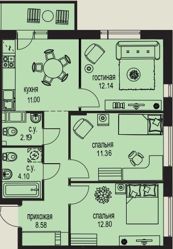 2-комнатная, 63 м² — ЖК ЖК ID Мурино (Айди Мурино)