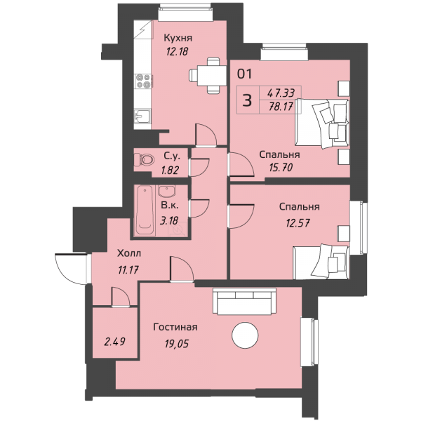 3-комнатная, 78 м² — ЖК ЖК Живи в Рыбацком