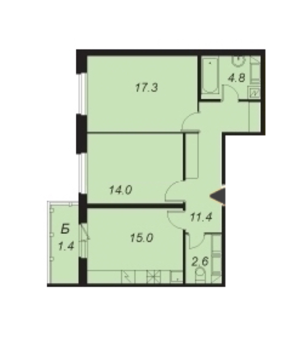 2-комнатная, 65 м² — ЖК Жилой квартал Жемчужный фрегат