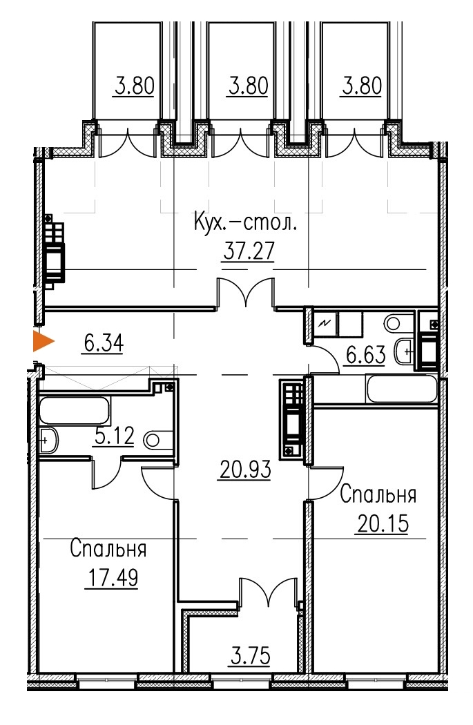 2-комнатная, 117 м² — ЖК Клубный дом Петровский квартал на воде