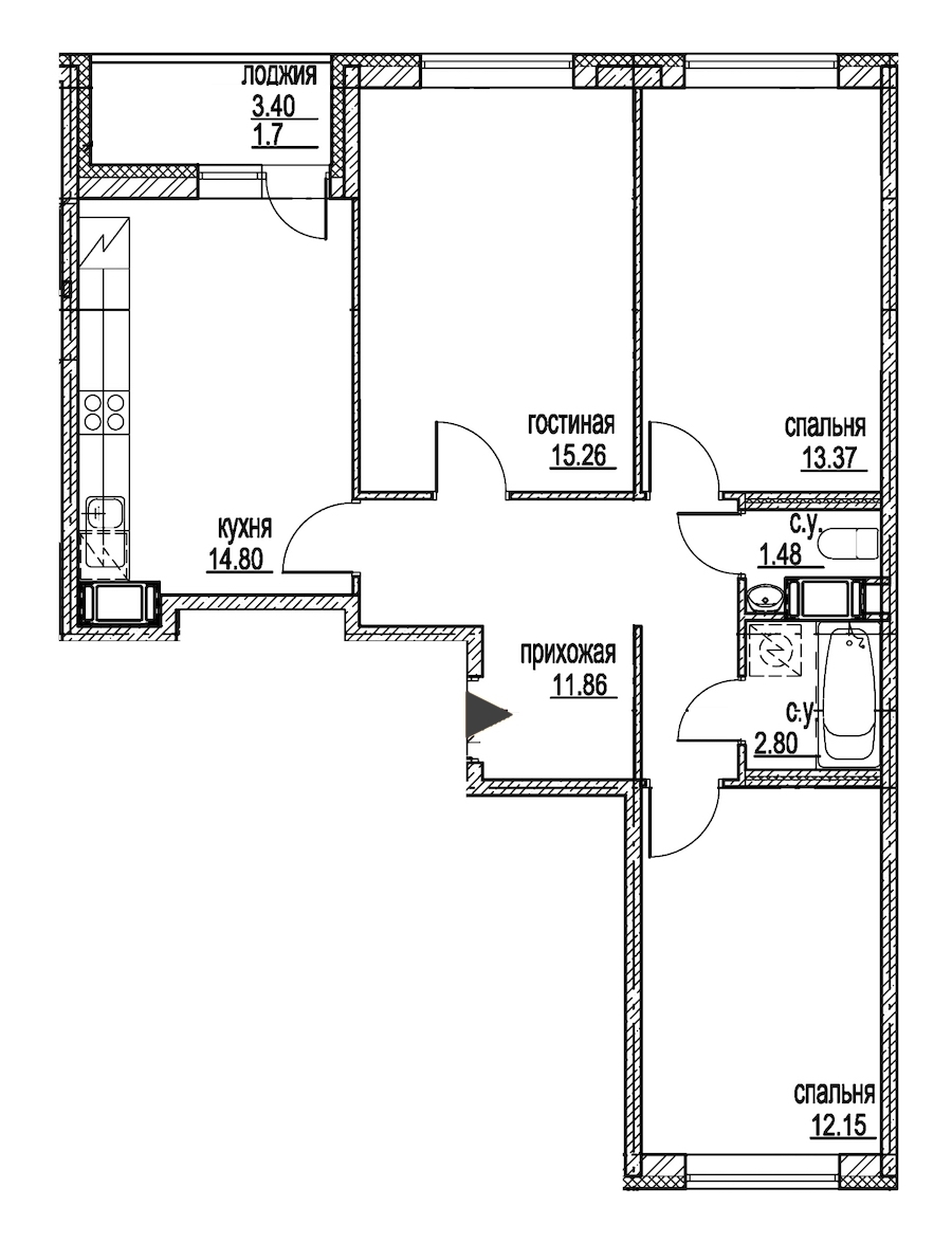 3-комнатная, 73 м² — ЖК ЖК ID Мурино (Айди Мурино)