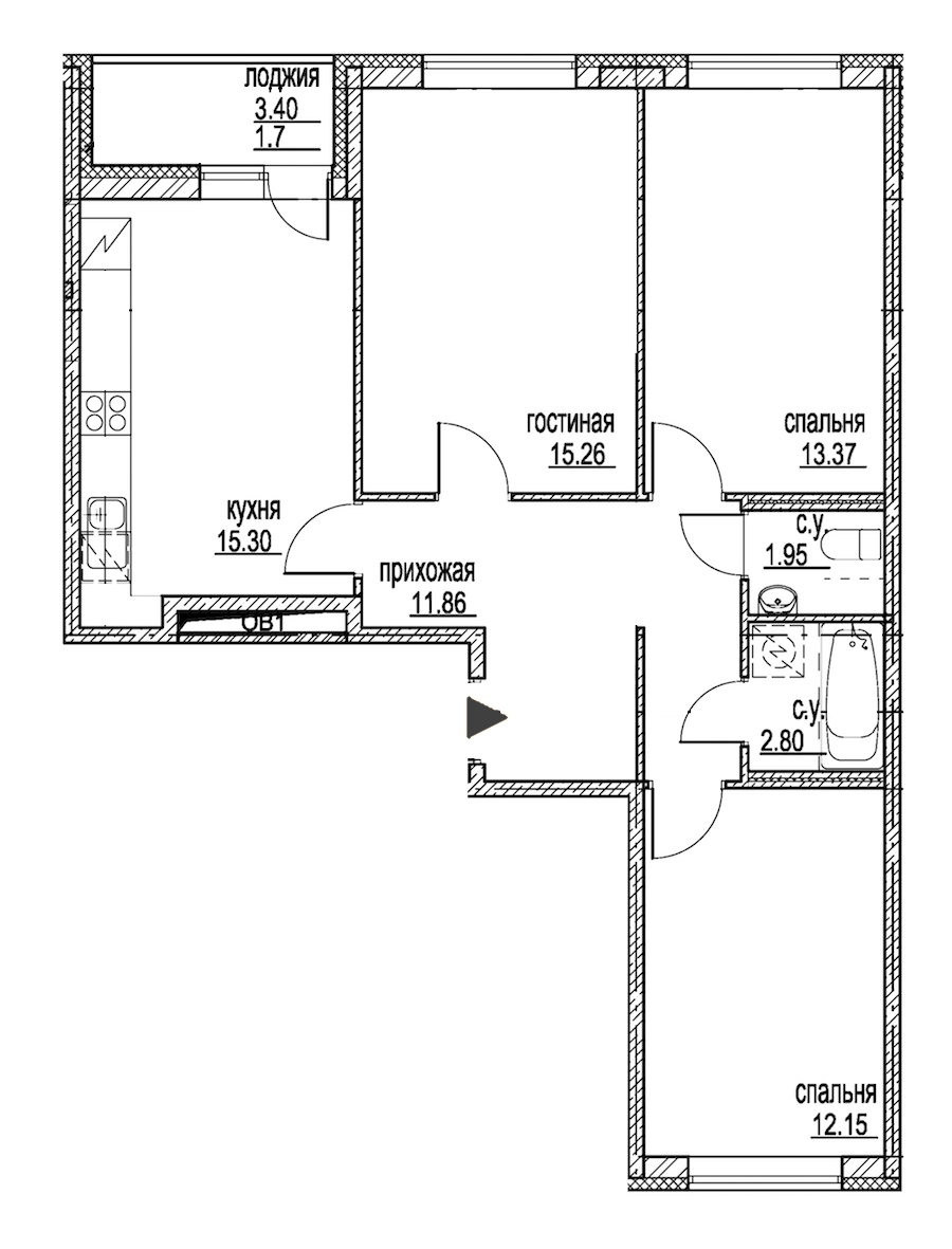 3-комнатная, 74 м² — ЖК ЖК ID Мурино (Айди Мурино)