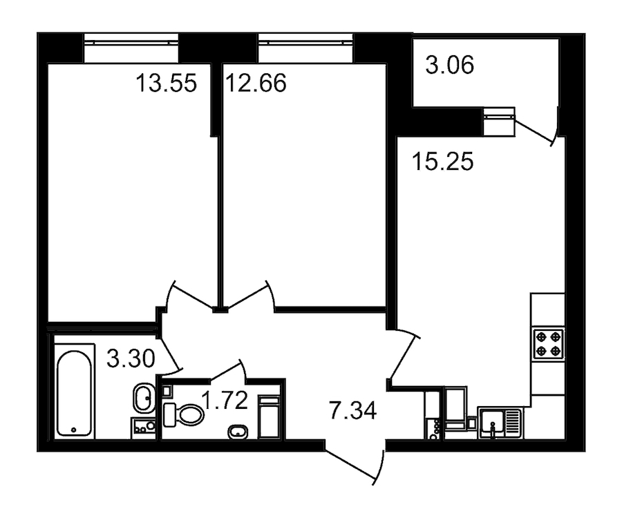 2-комнатная, 57 м² — ЖК ЖК Елизаровский