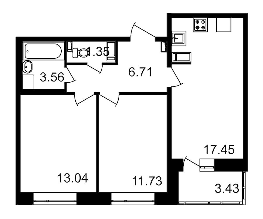 2-комнатная, 57 м² — ЖК ЖК Елизаровский