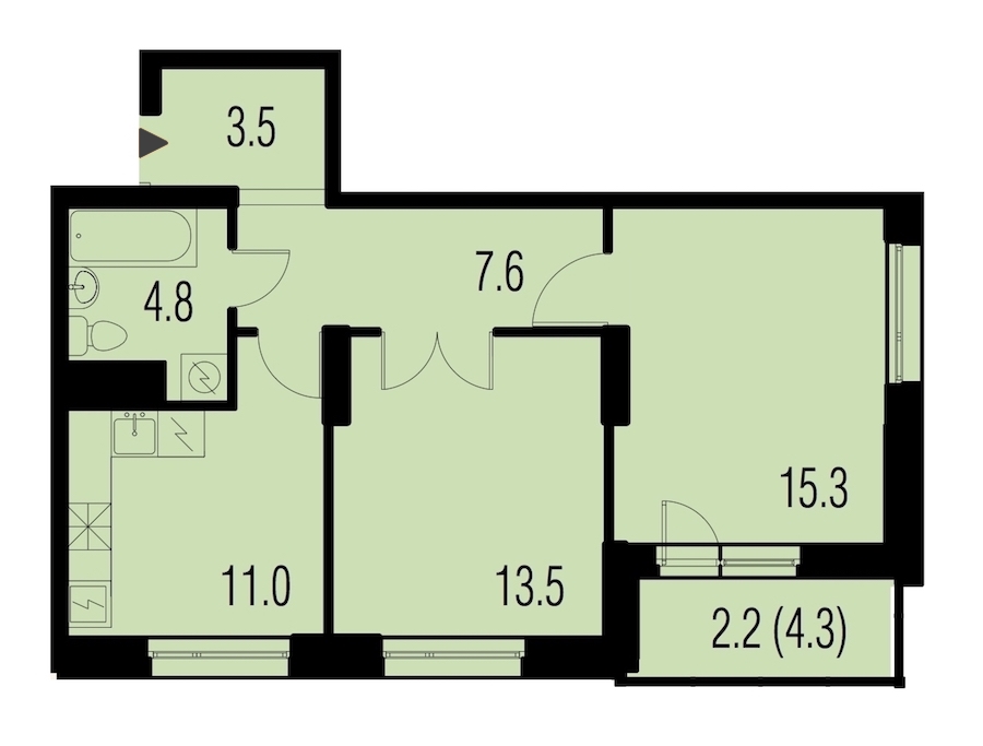 2-комнатная, 58 м² — ЖК ЖК Жемчужный Каскад