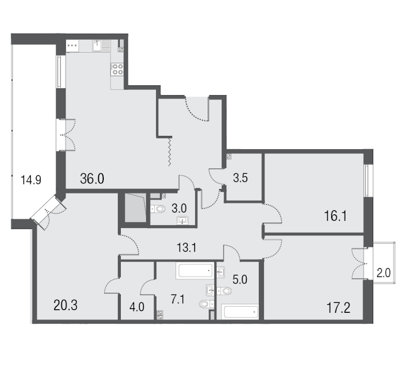 3-комнатная, 125 м² — ЖК Апарт-отель Русские сезоны
