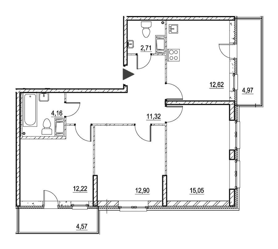 3-комнатная, 74 м² — ЖК ЖК Охта Хаус