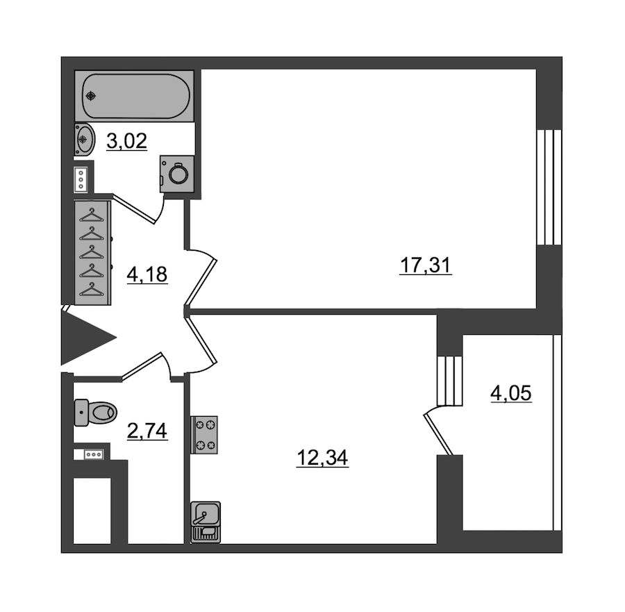 1-комнатная, 40 м² — ЖК ЖК Пульс на набережной (ЖК Pulse на набережной)