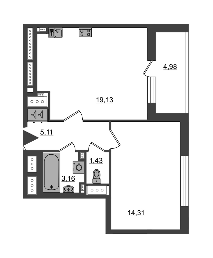 1-комнатная, 43 м² — ЖК ЖК Пульс на набережной (ЖК Pulse на набережной)