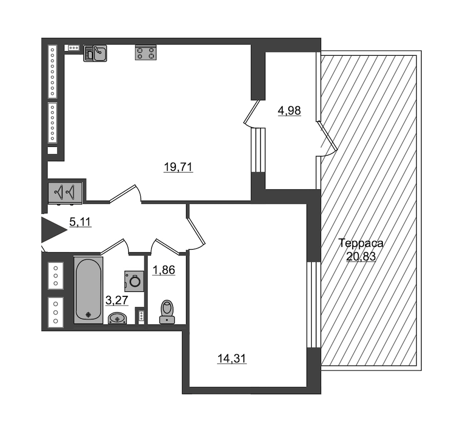 1-комнатная, 44 м² — ЖК ЖК Пульс на набережной (ЖК Pulse на набережной)