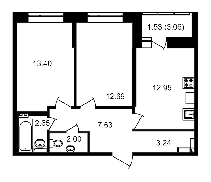 2-комнатная, 58 м² — ЖК ЖК Елизаровский